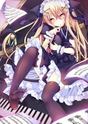 Rule 34 | 1girl, animal ears, bad id, bad pixiv id, beamed quavers, bell, black thighhighs, blonde hair, cat ears, cat tail, crotchet rest, hair ornament, hair ribbon, hairband, hairclip, lolita hairband, looking at viewer, musical note, musical note print, original, parted lips, piano keys, ribbon, sheet music, shiromochi sakura, sitting, solo, tail, thighhighs, wrist cuffs, yellow eyes