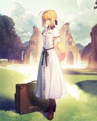 Rule 34 | 1girl, ahoge, arch, artoria pendragon (all), artoria pendragon (fate), belt, black collar, black ribbon, blonde hair, boots, bow, building, buttons, closed mouth, cloud, cloudy sky, collar, dress, fate/grand order, fate/stay night, fate (series), full body, grass, green eyes, hair between eyes, hair ribbon, hands up, hat, headpiece, high heels, highres, holding, long dress, looking at viewer, mry 2004, outdoors, ribbon, ruins, saber (fate), scenery, shadow, short hair, short sleeves, sky, smile, solo, standing, straw hat, suitcase, sunlight, tree, white dress