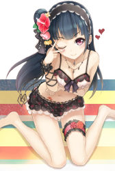 Rule 34 | 10s, 1girl, ;), barefoot, bikini, bikini skirt, black bikini, black bow, black hair, black hairband, blue hair, blush, bow, breasts, bridal garter, cleavage, closed mouth, collarbone, commentary request, floral print, flower, frilled bow, frilled hairband, frilled skirt, frills, from above, guranyto, hair bow, hair bun, hair flower, hair ornament, hairband, jewelry, long hair, looking at viewer, love live!, love live! school idol festival, love live! sunshine!!, medium breasts, multicolored background, navel, necklace, one eye closed, pendant, purple eyes, rose print, scrunchie, side bun, single hair bun, single side bun, sitting, skirt, smile, solo, stomach, striped, striped bow, swimsuit, tsushima yoshiko, v, v over eye, wariza, wrist scrunchie