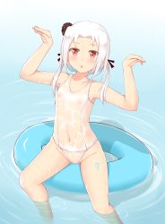 Rule 34 | 1girl, :o, absurdres, afloat, blush, covered erect nipples, covered navel, ero mang-a, flat chest, floating, hair ribbon, heart, highres, innertube, looking at viewer, red eyes, ribbon, see-through, short hair, short twintails, sitting, solo, swim ring, twintails, vittorio veneto (warship girls r), warship girls r, water, wet, white hair