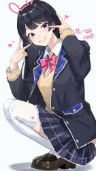 Rule 34 | 1girl, absurdres, black eyes, black hair, black jacket, black skirt, blazer, bow, bowtie, brown footwear, collared shirt, double v, drawn ears, full body, grin, hands up, heart, highres, jacket, loafers, long sleeves, looking at viewer, nijisanji, open clothes, open jacket, pink bow, pink bowtie, plaid, plaid skirt, school uniform, shirt, shoes, simple background, skirt, smile, solo, squatting, sweater, sweater vest, takamiya2222, thighhighs, tsukino mito, tsukino mito (1st costume), v, virtual youtuber, white background, white thighhighs, yellow sweater