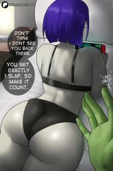 Rule 34 | 1boy, 1girl, absurdres, ass, beast boy (dc), black bra, black panties, bra, colored skin, commentary, dc comics, echo saber, english commentary, english text, feet out of frame, highres, huge ass, lamp, lying, nintendo switch, on bed, on stomach, panties, patreon username, persona, persona 3, pov, pov hands, purple hair, raven (dc), short hair, speech bubble, teen titans, thick thighs, thighs, underwear, wedgie