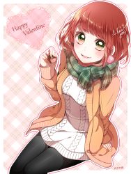 Rule 34 | 1girl, absurdres, aran sweater, artist name, black pantyhose, blush, breasts, cable knit, cardigan, checkered background, checkered clothes, checkered scarf, dress, enpera, fringe trim, green eyes, green scarf, happy valentine, heart, highres, looking at viewer, medium breasts, nono (emem0421), open cardigan, open clothes, original, pantyhose, parted lips, red hair, ribbed sweater, scarf, signature, sitting, smile, solo, sweater, sweater dress, tareme, teeth