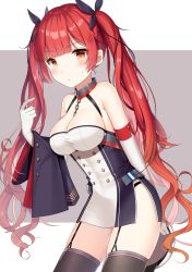 Rule 34 | 1girl, absurdres, azur lane, bad id, bad pixiv id, bare shoulders, black bow, black thighhighs, blunt bangs, blush, bow, breasts, chain, cleavage, closed mouth, cowboy shot, dress, elbow gloves, garter straps, gloves, hair bow, highres, holding, holding clothes, holding jacket, honolulu (azur lane), izumo neru, jacket, large breasts, light frown, long hair, looking at viewer, red hair, short dress, side slit, sidelocks, solo, standing, sweatdrop, thighhighs, twintails, wavy hair, white gloves
