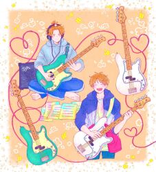 Rule 34 | 1boy, amplifier, bibibimix39, bishounen, blonde hair, blue hoodie, closed mouth, collage, floral print, given, guitar, headphones, hood, hoodie, instrument, kashima hiiragi (given), male focus, music, open mouth, paper, playing instrument, sheet music, smile, solo, tagme, yellow background