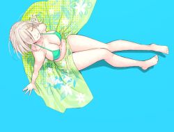 Rule 34 | 10s, 1girl, aqua background, aqua bikini, arm support, bare shoulders, bikini, breasts, cleavage, closed eyes, collarbone, from above, full body, green bikini, hair ornament, hair over one eye, hairclip, hamakaze (kancolle), kantai collection, large breasts, navel, one eye covered, see-through, short hair, silver hair, simple background, sitting, smile, solo, swimsuit, yuuji (and)