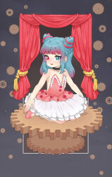 Rule 34 | 1girl, bare shoulders, black choker, blue eyes, blue hair, blush, braid, candy (the candy universe), choker, crown braid, curtains, dress, female focus, heterochromia, highres, looking at viewer, multicolored hair, open mouth, petals, red eyes, red hair, rose petals, sitting, smile, solo, strapless, strapless dress, teeth, the candy universe, two side up, upper teeth only, white dress, yokappa (jokappa)