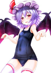 Rule 34 | 1girl, bat wings, blush, ebi 193, fang, flat chest, hat, light purple hair, looking at viewer, one-piece swimsuit, red eyes, remilia scarlet, school swimsuit, short hair, simple background, smile, solo, swimsuit, thighhighs, touhou, white background, wings