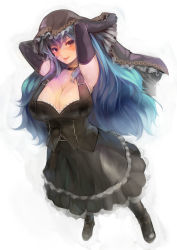 Rule 34 | 1girl, :p, arms up, black gloves, blue hair, blush, breasts, dress, elbow gloves, gloves, harusame-r, highres, large breasts, looking at viewer, riette (luco san), solo, tongue, tongue out, veil, white background