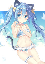 Rule 34 | 1girl, :o, animal ear fluff, animal ears, bare arms, bare shoulders, bikini, blue bikini, blue eyes, blue hair, blue nails, blue sky, blush, bow, bridal garter, brown bow, cameltoe, cat ears, cat girl, cat tail, cloud, cloudy sky, commentary request, dated, day, fingernails, frilled bikini, frills, gluteal fold, groin, hair between eyes, hair bow, hands up, heart, heart hands, highres, long hair, looking at viewer, nail polish, navel, original, parted lips, plaid, plaid bikini, plaid bow, saeki sora, sidelocks, signature, sky, solo, swimsuit, tail, tail raised, twintails, very long hair