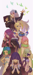 Rule 34 | 6+girls, bare shoulders, black dress, blindfold, blonde hair, blunt bangs, book, breasts, broken, broken chain, butterfly hair ornament, carmilla (re:zero), chain, cleavage, clenched hands, closed mouth, colored eyelashes, covered eyes, crying, daphne (re:zero), detached sleeves, dress, echidna (re:zero), flower, green eyes, green hair, green neckwear, grey background, grin, hair between eyes, hair flower, hair ornament, hair over one eye, hand on own hip, head wreath, heart, heart hair ornament, hidden eyes, highres, holding, holding book, jolker, long hair, long sleeves, looking at viewer, looking to the side, medium breasts, minerva (re:zero), multiple girls, open mouth, own hands clasped, own hands together, parted bangs, pink hair, re:zero kara hajimeru isekai seikatsu, red eyes, satella (re:zero), scarf, see-through, sekhmet (re:zero), short hair, side ponytail, sidelocks, simple background, sleeveless, sleeveless dress, smile, spaghetti strap, swept bangs, tearing up, tears, typhon (re:zero), veil, white dress, white hair