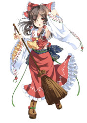 Rule 34 | 1girl, armpits, blush, boots, broom, brown eyes, brown hair, detached sleeves, female focus, frills, full body, hair tubes, hakurei reimu, highres, image sample, japanese clothes, long hair, long skirt, miko, open mouth, short hair, skirt, solo, touhou, white background, xephonia