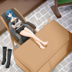 Rule 34 | 1girl, ahoge, arm guards, artist request, belt, black footwear, blue hair, boots, unworn boots, byleth (female) (fire emblem), byleth (fire emblem), cape, chair, closed eyes, collarbone, crossed arms, crossed legs, desk, detached collar, eyelashes, feet, feet on table, feet up, female focus, fire emblem, fire emblem: three houses, unworn footwear, full body, grey cape, indoors, intelligent systems, jewelry, legs, legs together, light blush, long hair, midriff, navel, neck, necklace, nintendo, open mouth, reclining, saliva, short shorts, short sleeves, shorts, sidelocks, sitting, sleeping, soles, stone floor, swept bangs, sword, thighs, toenails, toes, weapon, zzz