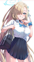 Rule 34 | 1girl, asuna (blue archive), bag, black skirt, blue archive, blue eyes, blue halo, blue scrunchie, blush, breasts, buttons, collarbone, collared shirt, cowboy shot, grin, hair over one eye, halo, highres, large breasts, light brown hair, long hair, mixjuice, pleated skirt, scrunchie, shirt, short sleeves, simple background, skirt, smile, solo, very long hair, white background, white shirt, wrist scrunchie