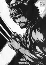 Rule 34 | 1boy, animal ears, beard, cat boy, cat ears, chen, claw (weapon), commentary request, facial hair, greyscale, hat, male focus, manly, marvel, mitsuki yuuya, monochrome, parody, solo, touhou, weapon, wolverine (x-men), x-men