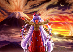 Rule 34 | 1girl, :d, ^ ^, amamizu (myofuu kai), bow, closed eyes, cloud, crescent, crescent moon, crying, female focus, fujiwara no mokou, hair bow, happy, light purple hair, long hair, moon, mousou dairinin, multiple hair bows, open mouth, outstretched arms, pants, parody, sky, smile, smoke, solo, spread arms, suspenders, tears, touhou, very long hair, volcano