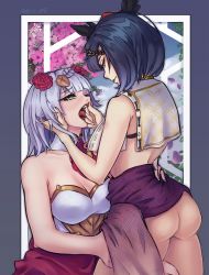 Rule 34 | 2girls, absurdres, agurami, breasts, finger in another&#039;s mouth, genshin impact, hand on another&#039;s thigh, highres, kujou sara, large breasts, multiple girls, noelle (genshin impact), open mouth, self-upload, short hair, smile, yuri