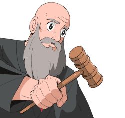 Rule 34 | 1boy, ace attorney, bald, beard, black coat, black eyes, coat, facial hair, gavel, green (grimy), hammer, hand up, hashimoto mitsuru (style), holding, holding hammer, jpeg artifacts, judge, long sleeves, male focus, mustache, old, old man, parted lips, simple background, solo, teeth, the judge (ace attorney), tsukiji uogashi sandaime, upper body, white background