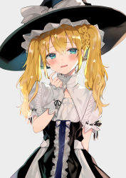 Rule 34 | 1girl, absurdres, alternate hair length, alternate hairstyle, arm behind back, black hat, blonde hair, blue eyes, blush, bow, breasts, hair between eyes, hair ornament, hand up, hat, hat bow, highres, kirisame marisa, long hair, looking at viewer, parted lips, puffy short sleeves, puffy sleeves, ribbon-trimmed sleeves, ribbon trim, satoupote, short sleeves, sidelocks, small breasts, solo, star (symbol), star hair ornament, sweatdrop, touhou, twintails, white bow, witch hat