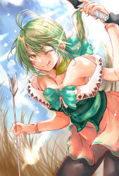 Rule 34 | 1girl, arrow (projectile), bare shoulders, bow (weapon), choker, cloud, dated, green hair, highres, kyabia, long hair, looking at viewer, one eye closed, pantyhose, ponytail, ribbon, saga, saga frontier 2, skirt, smile, solo, virginia knights, weapon, wristband