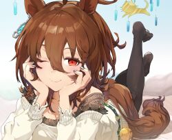 Rule 34 | 1girl, agnes tachyon (umamusume), animal ears, bell, blush, breasts, brown hair, brown pantyhose, closed mouth, feet, feet up, full body, grey nails, grey shirt, hair between eyes, hair ornament, head rest, horse ears, horse girl, horse tail, lace trim, looking at viewer, lying, medium breasts, medium hair, nail polish, no shoes, off shoulder, on stomach, one eye closed, pantyhose, red eyes, shirt, sidelocks, smile, solo, spread toes, tail, the pose, toes, umamusume, yanyo (ogino atsuki)