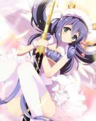 Rule 34 | 10s, 1girl, blush, feathers, frills, gold, green eyes, hat, highres, idolmaster, idolmaster million live!, long hair, mil (siratamamil), mochizuki anna, purple hair, short sleeves, siratamamil, smile, solo, sword, thighhighs, very long hair, weapon, white thighhighs, wings