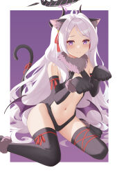 Rule 34 | 1girl, absurdres, ahoge, animal ear fluff, animal ears, animal hands, bare shoulders, bell, black gloves, black leotard, black thighhighs, blue archive, blush, breasts, cat ears, cat tail, center opening, cosplay, elbow gloves, fake animal ears, fate/kaleid liner prisma illya, fate (series), forehead, fur collar, gloves, hair ribbon, halo, highres, hina (blue archive), horns, illyasviel von einzbern, illyasviel von einzbern (beast style), illyasviel von einzbern (beast style) (cosplay), jingle bell, leotard, long hair, looking at viewer, multiple horns, navel, parted bangs, paw gloves, purple eyes, ribbon, rko (a470350510), small breasts, solo, tail, thighhighs, thighs, white hair, wings