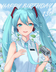 Rule 34 | 1girl, :d, absurdly long hair, absurdres, anniversary, aqua eyes, aqua hair, artist name, artist request, blue eyes, blue hair, blue necktie, ching0912, collared shirt, day, female focus, floating hair, flower, frilled shirt, frills, hair between eyes, hair ornament, hatsune miku, headphones, highres, holding, holding microphone stand, long hair, looking at viewer, microphone stand, necktie, open mouth, outdoors, shirt, sleeveless, sleeveless shirt, smile, solo, twintails, upper body, very long hair, vocaloid, white flower, white shirt, wing collar