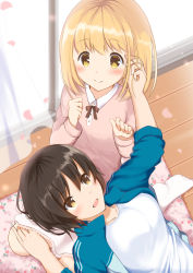 Rule 34 | 2girls, :d, asagao to kase-san, black hair, blonde hair, blue jacket, blush, bow, breasts, brown eyes, brown hair, collarbone, collared shirt, curtains, day, floral print, hand in another&#039;s hair, hand on another&#039;s knee, highres, indoors, jacket, kase-san, kase tomoka, lace, lace-trimmed skirt, lace trim, lap pillow, long sleeves, looking at another, looking at viewer, medium hair, multiple girls, no shoes, open clothes, open door, open jacket, open mouth, petals, pink shirt, ribbon, shirt, short hair, sitting, skirt, smile, socks, striped, sunlight, track jacket, track suit, white footwear, white shirt, white skirt, wind, wooden floor, yakata mana, yamada yui, yellow eyes, yuri