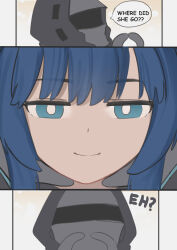 Rule 34 | 1girl, 1other, 3koma, absurdres, ambiguous gender, arknights, black gloves, blue eyes, blue hair, comic, commentary, doctor (arknights), english commentary, english text, gloves, helm, helmet, highres, hood, hood up, hooded coat, hooded jacket, jacket, long hair, mostima (arknights), pov, smile, snoot challenge, speech bubble, wawamachi (wawamachis)