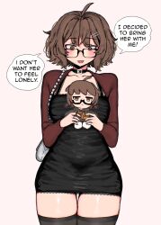 Rule 34 | 1girl, ahoge, aki (snale), bag, belt collar, black dress, black nails, blush, breasts, brown cardigan, brown eyes, brown hair, cardigan, character doll, collar, collarbone, cowboy shot, curvy, doll, dress, english text, eyelashes, facing viewer, glasses, hair ornament, hairclip, highres, holding, holding doll, jewelry, lace, lace-trimmed dress, lace trim, large breasts, long sleeves, looking at object, messy hair, open mouth, original, ring, short hair, shoulder bag, smile, snale, solo, speech bubble, stuffed toy, talking, thick thighs, thigh gap, thighhighs, thighs, tight clothes, tight dress, white background, wide hips