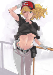 Rule 34 | 1girl, baseball cap, belt, blonde hair, breasts, candy, food, freckles, gloves, green panties, gundam, hamushima, hat, holding, holding clothes, holding hat, kay nimrod, large breasts, lollipop, long hair, navel, one eye closed, panties, pouch, railing, sd gundam g-generation, shirt, solo, t-shirt, thong, unbuttoned, underboob, underwear, wind, wind lift, wink