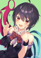 Rule 34 | 1girl, adapted costume, ahoge, asymmetrical wings, bare shoulders, black hair, blurry, blush, bow, bowtie, breasts, buttons, commentary request, dated, dress, dutch angle, fang, finger to cheek, fingernails, gradient background, green background, hair between eyes, highres, houjuu nue, kisamu (ksmz), looking at viewer, medium breasts, off-shoulder dress, off shoulder, open mouth, pointy ears, red bow, red eyes, short hair, signature, simple background, solo, star (symbol), touhou, v-shaped eyebrows, wings, wristband