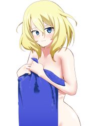 Rule 34 | 1girl, absurdres, blonde hair, blue eyes, blush, closed mouth, commentary, covering privates, frown, girls und panzer, highres, holding, holding towel, looking at viewer, medium hair, messy hair, mochi (mochiokomet), nude, oshida (girls und panzer), simple background, solo, standing, sweatdrop, towel, white background