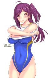 Rule 34 | 1girl, blue one-piece swimsuit, clothes lift, commentary request, competition swimsuit, covered navel, cowboy shot, dated, hagikaze (kancolle), highleg, highleg swimsuit, highres, impossible clothes, impossible swimsuit, kantai collection, lifted by self, long hair, looking at viewer, montemasa, one-hour drawing challenge, one-piece swimsuit, one side up, purple hair, shirt, shirt lift, simple background, solo, swimsuit, twitter username, white background, white shirt, yellow eyes