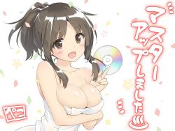 Rule 34 | 1girl, :d, bare shoulders, blush, breasts, brown eyes, brown hair, cd, cleavage, copyright request, hand up, holding, kani biimu, large breasts, naked towel, open mouth, ponytail, short hair, signature, smile, solo, towel, translated, upper body