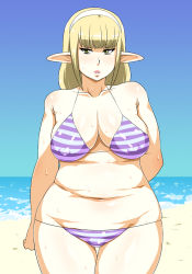 Rule 34 | 1girl, beach, bikini, blonde hair, breasts, cleavage, elf, enoshima iki, green eyes, hairband, large breasts, long hair, looking at viewer, parted lips, plump, pointy ears, solo, standing, sweat, swimsuit, wide hips