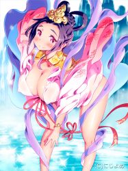 Rule 34 | 1girl, black hair, braid, breasts, dress, covered erect nipples, french braid, hair rings, hair up, hands on own thighs, large breasts, leaning forward, looking at viewer, red eyes, smile, solo, water, watermark, zasha