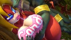 Rule 34 | 1boy, 1girl, 3d, absurdres, ape, bbandicoot, blonde hair, blue eyes, breasts, candy kong, cleavage, donkey kong (series), groping, hetero, highres, interspecies, large breasts, monkey girl, nintendo, rape, tank top, thick lips, thick thighs, thighs, tongue, tongue out, waist grab