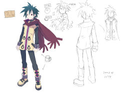 Rule 34 | 1boy, ankle boots, ash (phantom brave), belt, boots, buckle, concept art, full body, green hair, harada takehito, lineart, male focus, multiple views, pants, phantom brave, red scarf, scarf, spiked hair, standing, wrist cuffs
