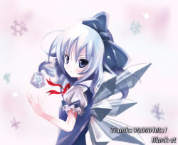 Rule 34 | 1girl, blue eyes, blue hair, bow, cirno, female focus, hair bow, milestone celebration, ice, kukyo, looking back, matching hair/eyes, no nose, serious, short hair, snowflakes, solo, embodiment of scarlet devil, touhou, wings