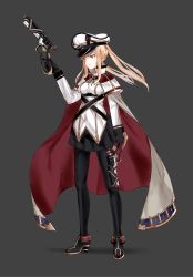Rule 34 | 10s, 1girl, alternate costume, arm at side, black background, black footwear, black gloves, black pantyhose, black skirt, blonde hair, blue eyes, breasts, cape, capelet, closed mouth, dual wielding, full body, gloves, graf zeppelin (kancolle), grey cape, gun, hat, highres, holding, holding gun, holding weapon, kantai collection, large breasts, long sleeves, pantyhose, peaked cap, pleated skirt, ruisento, serious, shoes, short hair with long locks, sidelocks, simple background, skirt, solo, standing, trigger discipline, twintails, underbust, weapon, white hat