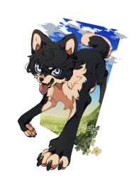 Rule 34 | animal, animalization, artist name, black fur, blue eyes, blue sky, brown fur, claws, cloud, commentary, deviidog0, dog, english commentary, field, flower, flower field, full body, highres, looking at viewer, no humans, open mouth, original, outdoors, red pupils, running, sky, solo, tail, tongue, tongue out, twitter username