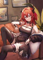 Rule 34 | 1girl, absurdres, arknights, bare shoulders, commentary, dress, ema (kuguiema), highres, horns, infection monitor (arknights), long hair, looking at viewer, painting (object), pantyhose, purple eyes, short dress, sitting, smile, solo, surtr (arknights), thigh strap