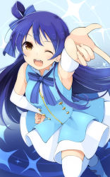 Rule 34 | 10s, 1girl, ;d, arm up, arm warmers, blue hair, blush, from above, hair ribbon, hand on own hip, leg up, long hair, looking at viewer, love live!, love live! school idol festival, love live! school idol project, one eye closed, open mouth, ribbon, skirt, sleeveless, smile, solo, sonoda umi, sparkle, standing, standing on one leg, thighhighs, wara (warapro), wink, yellow eyes
