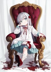 Rule 34 | 1girl, arm support, blood, blood stain, blue eyes, center frills, chair, child, closed mouth, dress, frills, hand on own cheek, hand on own face, head tilt, high heels, highres, ji mag (artist), kyouran reijou nia liston, lace-trimmed socks, long hair, long sleeves, looking at viewer, neck ribbon, nia liston, official art, on chair, petticoat, red footwear, red ribbon, ribbon, sitting, smile, socks, solo, very long hair, white dress, white hair, white socks
