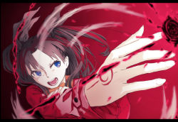 Rule 34 | 1girl, black hair, blue eyes, coat, fate/stay night, fate (series), letterboxed, long hair, long sleeves, magic, open mouth, outstretched arm, papaia (quentingqoo), solo, tohsaka rin, two side up