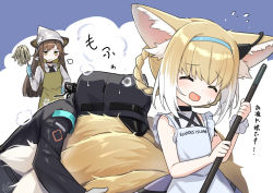 Rule 34 | 1other, 2girls, animal ear fluff, animal ears, apron, arknights, ascot, bare shoulders, black ascot, black choker, black coat, blonde hair, blouse, blue gloves, blue hairband, broom, brown hair, cat ears, choker, closed eyes, closed mouth, clothes writing, coat, collared shirt, colored inner hair, doctor (arknights), duster, earpiece, feather duster, flying sweatdrops, folinic (arknights), fox ears, fox girl, fox tail, gloves, green apron, green hair, grey shirt, hairband, hand on own hip, head scarf, holding, holding broom, hugging another&#039;s tail, hugging tail, infection monitor (arknights), long hair, long sleeves, material growth, mitake eil, multicolored hair, multiple girls, multiple tails, open mouth, oripathy lesion (arknights), purple background, shirt, short hair, sidelocks, signature, straight hair, suzuran (arknights), sweatdrop, tail, translation request, two-tone background, two-tone hair, v-shaped eyebrows, white apron, white background, white hair, wrist cuffs, yellow eyes