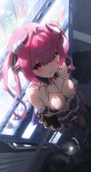 Rule 34 | 1girl, absurdres, ahoge, arms under breasts, bare shoulders, black dress, blush, breasts, cleavage, closed mouth, demon girl, demon horns, demon tail, dress, fang, from above, full moon, hair intakes, highres, horns, isolatediev, large breasts, looking at viewer, moon, ohaco virtual, red eyes, reflection, skin fang, smile, solo, spider web print, tail, twintails, vending machine, virtual youtuber, yagyu mederu