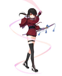 Rule 34 | 1girl, absurdres, alternate hair color, asymmetrical legwear, black footwear, black gloves, black hair, black shorts, black socks, black thighhighs, closed mouth, closers, clothes writing, fingerless gloves, floating hair, from side, full body, gloves, hand up, highres, holding, holding ribbon, holding sword, holding weapon, hood, hood down, hooded jacket, jacket, katana, long hair, long sleeves, looking at viewer, low ponytail, micro shorts, multicolored hair, no pupils, official art, orange eyes, pink ribbon, puffy long sleeves, puffy sleeves, red hair, red jacket, ribbon, sheath, sheathed, shoes, shorts, single sock, single thighhigh, sneakers, socks, solo, streaked hair, sword, tachi-e, tassel, thigh strap, thighhighs, tina (closers), turning head, uneven legwear, walking, weapon, white background